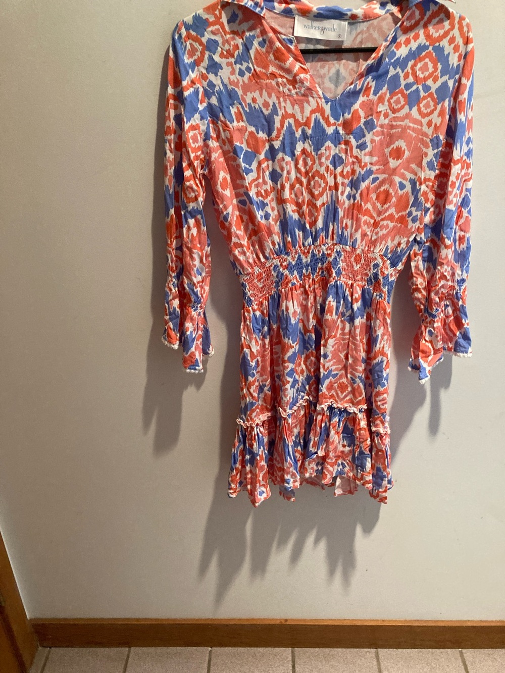 V-Neck Smocked Midi Dress in Coral and Periwinkle